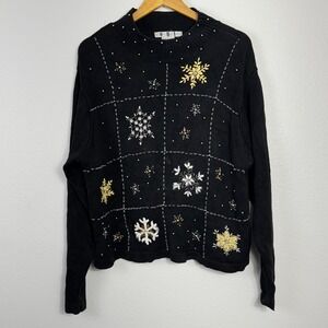 VTG 90s OHI Novelty Black Snowflake Beaded Sequin Ugly Christmas Sweater XL